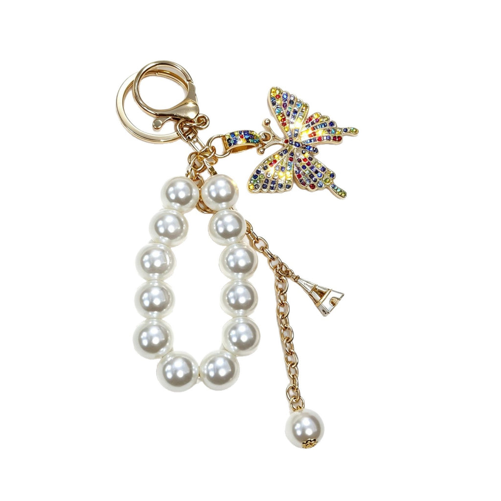 Pearl-style Colorful Butterfly Keychain With Sparkling Diamond Accents Made Of Metal Alloy